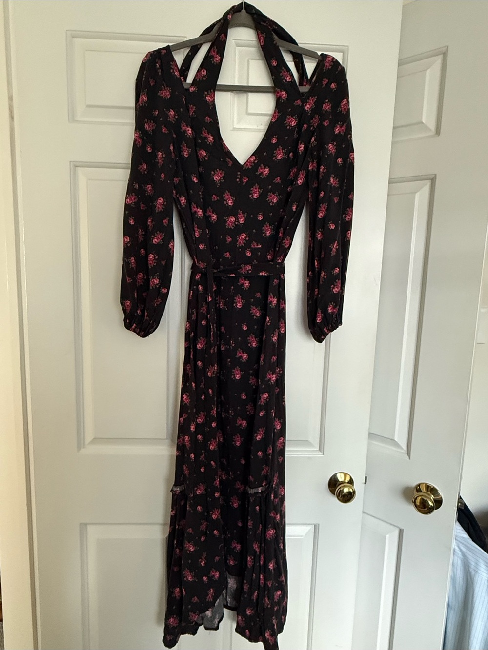 Women's Black Maxi Dress with Pink Floral Print - Tie Waist V-Neck